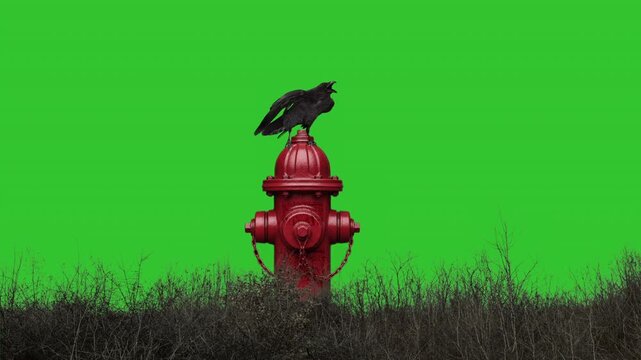 Raven perched on a red fire hydrant green screen