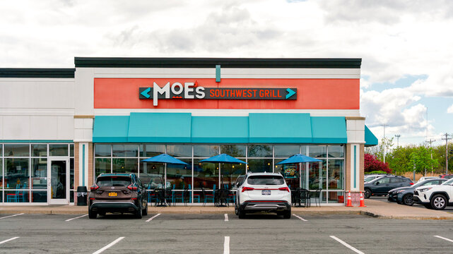 Cicero, NY - May 2, 2026: Exterior of a Moe&rsquo;s Southwest Grill storefront in Market Place Mall. Moe&rsquo;s Southwest Grill, founded in 2000 and operating more than 700 U.S. locations under Focus Brands