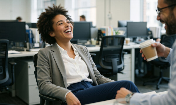 Joyful young African American woman laughs freely in office, surrounded by modern desks and coworkers, her vibrant dark skin and sparkling eyes shining with contagious happiness.