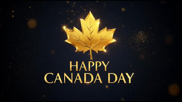 Golden maple leaf with fireworks on dark background
