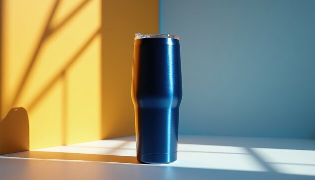 Dark blue metallic tumbler with clear lid sits on white surface. Yellow and light blue walls create geometric shadows. Modern beverage container for hot or cold drinks.