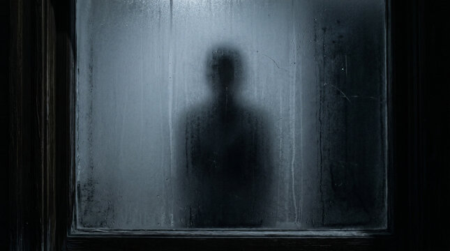 Mysterious Silhouette Behind Frosted Glass: A haunting silhouette of a person is dimly visible through a frosted glass pane, creating an atmosphere of suspense and intrigue.