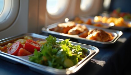 Naklejka premium Airplane meals served on trays in cabin. Food includes chicken, salad, vegetables, and tomatoes. Passengers eat lunch or dinner during flight on airline.