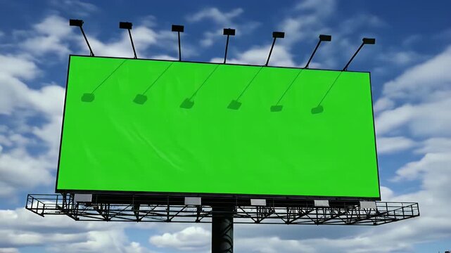 A large green billboard stands prominently against a bright blue sky dotted with fluffy white clouds, showcasing a blank canvas for advertising and creative displays.