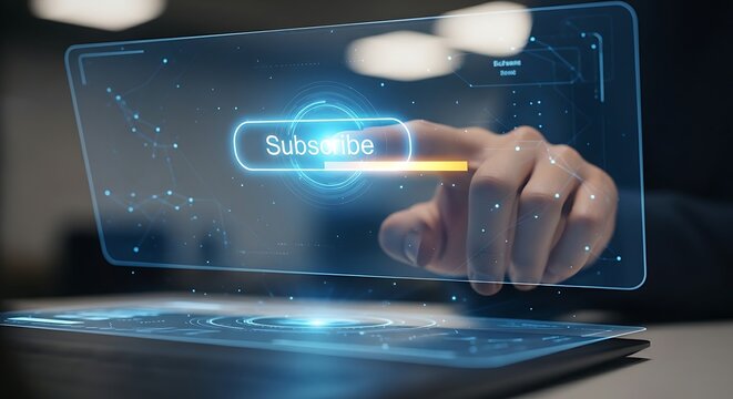 Subscription service concept. A user's hand touches a 'Subscribe' button on a holographic interface, which lights up to confirm the subscription.