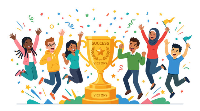 Children celebrate victory with trophy and confetti in a joyful scene