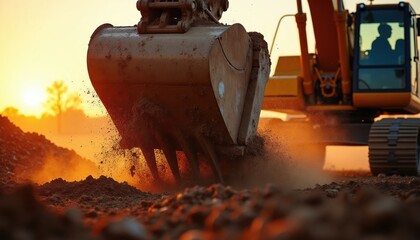 Naklejka premium Excavator bucket digs soil during golden hour sunset. Dirt flies from machine as operator works construction site. Heavy equipment power transforms earth.