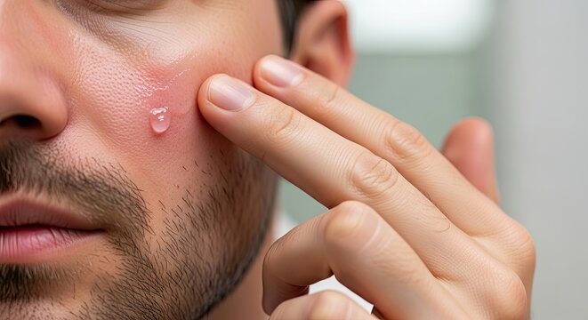 man with a pimple on his cheek touching it gently with finger acne problem adult male close up copy