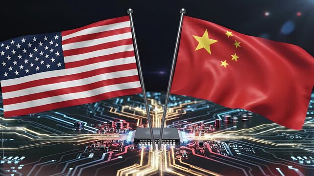 A symbolic representation of the technological rivalry between the United States and China, depicted with their respective flags waving over a circuit board.