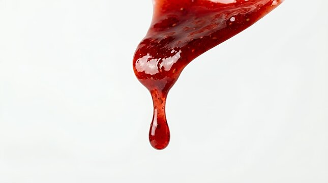 Red jam dripping from spoon against white background
