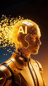 Golden robot head with ai logo