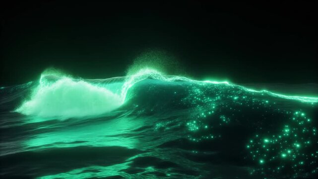 Dynamic Bioluminescent Ocean Waves Breaking at Night, Sparkling Marine Glow Illustration