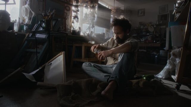 Desperate male artist sitting on floor among broken canvases in messy studio, drinking alcohol and smoking cigarette during professional crisis and mental burnout