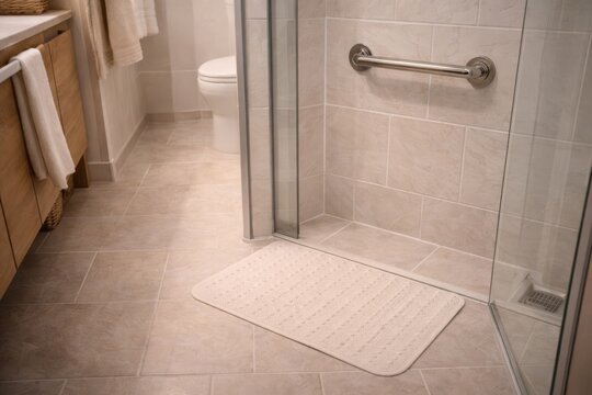 Accessible bathroom with grab bar and mat