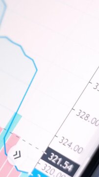 Closeup of digital financial chart on mobile device screen showing fluctuating line graph, bar indicators, numeric price levels and market data analytics