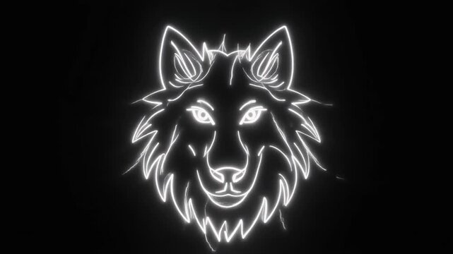 Dynamic Glowing Digital Wolf Head Outline on Dark Background, Abstract Art