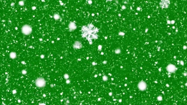 A vibrant green background is adorned with gently falling snowflakes, creating a festive and wintry atmosphere.
