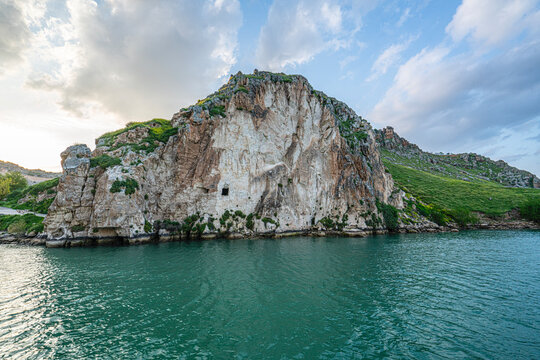 The scenic sunset views of the Rumkale, a ruined fortress on the Euphrates, located in the province of Gaziantep and 50 km west of Şanlıurfa, Turkey