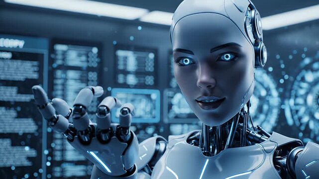 A futuristic portrait depicts a female cyborg with intricate mechanical details and a serene expression.