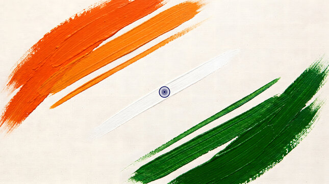 Indian tricolor flag brushstroke with dharma wheel on textured beige background