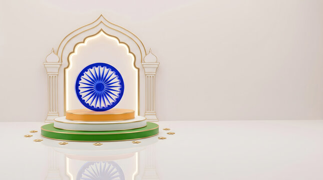 Indian podium with dharma wheel inside arch on reflective white platform product display