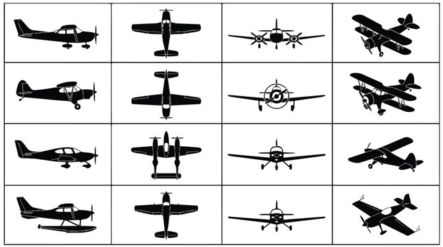 Set of black silhouettes of light aircraft and propeller planes in various flight views.