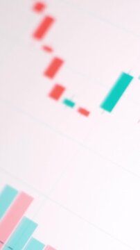 Abstract vertical closeup of colorful financial candlestick chart showing fluctuating market prices, trading activity, and investment performance trends over time