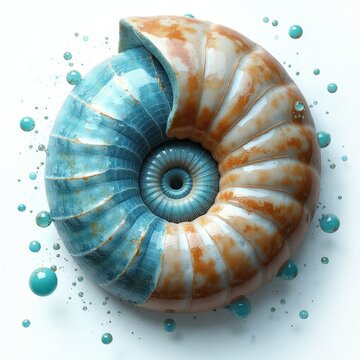 Nautilus shell spiraling pattern with blue and tan colors. Bubbles float around this marine object showcasing natural design and abstract art. Geometric sequence in nature.