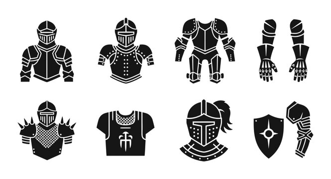 Medieval Knight Armor Set, Historical Warrior Protection Icons, Gothic Metal Suit Elements, Fantasy Combat Gear Collection