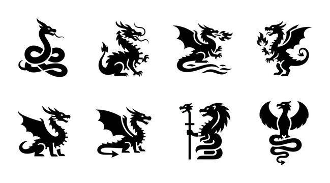 Mythical Dragon Icons Set, Fantasy Creature Silhouettes, Ancient Beast Vector Graphics, Legendary Serpent Symbols, Heraldic Emblem Collection