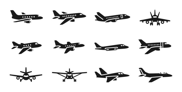 Diverse Aircraft Collection, Jetliner Icons, Propeller Planes, Fighter Jets, Aviation Vector Set for Travel and Transportation Concepts