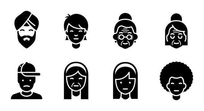 Diverse Human Faces Icon Set, Multicultural People Avatars, Age and Ethnicity Representation, Simple Silhouette Graphics for User Profiles and Community Concepts