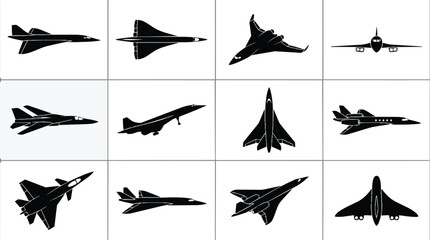 Fototapeta premium Collection of twelve black silhouettes of supersonic jet aircraft from various angles.