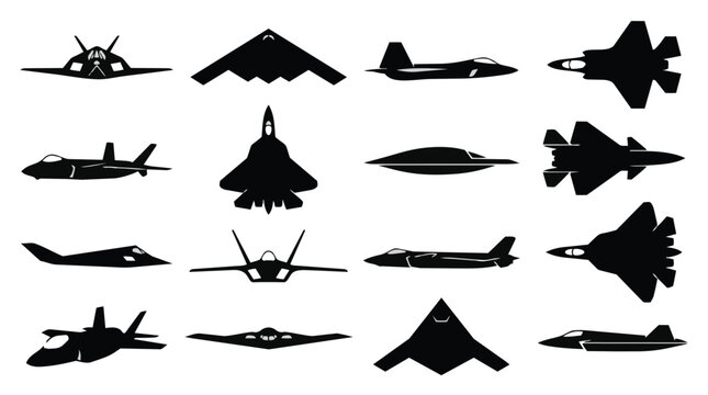 Collection of various military aircraft silhouettes including stealth fighters and bombers.