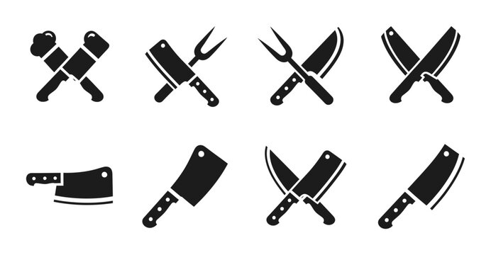 Butcher Knife Icons Set, Meat Cleaver Vector Graphics, Kitchen Utensil Symbols, Culinary Tool Collection for Food Service and Restaurant Branding