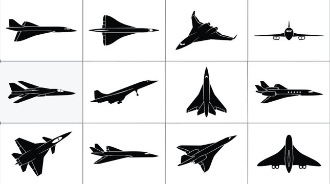 Collection of twelve black silhouettes of supersonic jet aircraft from various angles.