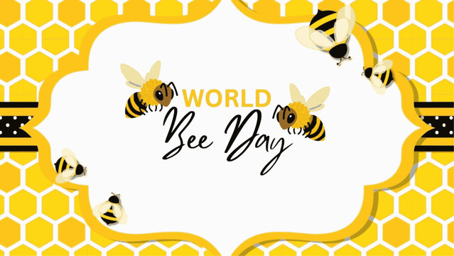 World bee day golden black text and honeycomb frame background with flying bees, save our pollinators concept, white background, social media post, banner, cover, flyer, card