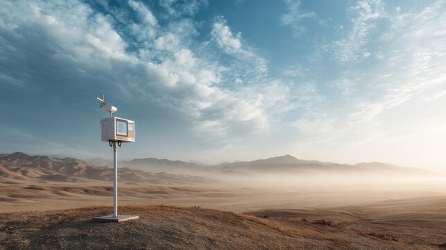 Remote weather station in foggy desert, automatic sensor mast overlooking expansive arid plain, low mist hugging horizon, soft pastel sky, data capture for climate research and telemetry
