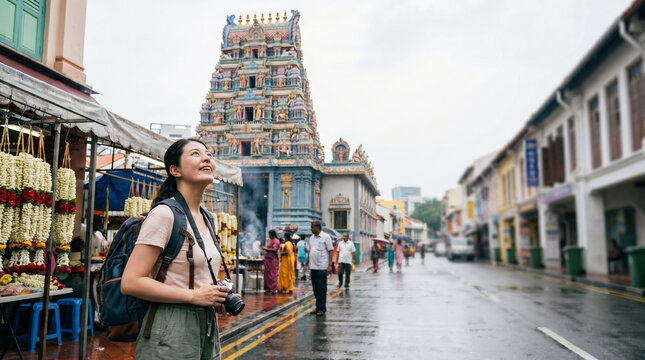 An inspired solo female traveler embraces adventure travel, exploring colorful cityscapes and sacred temples, truly enjoying the freedom known to alone women
