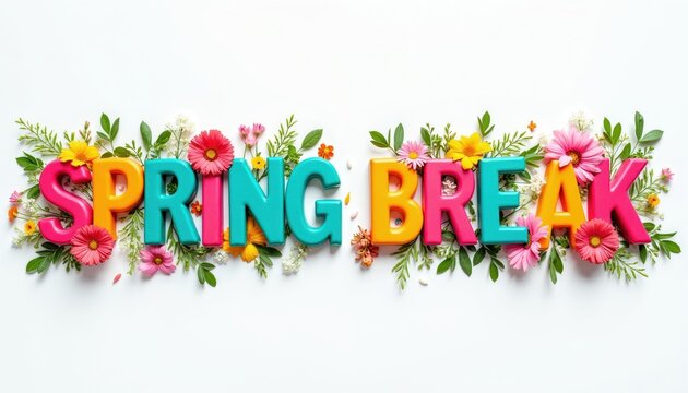 Bright, colorful SPRING BREAK text art with vibrant flowers and green leaves on a clean white background. Ideal for holiday announcements, party invitations, and springtime promotions.