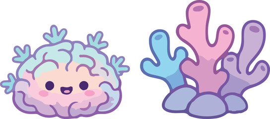 Fototapeta premium Cute Cartoon Brain Coral and Sea Anemone Illustration