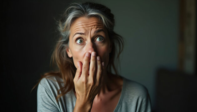 Mature woman with wide eyes covers mouth in shock. Her face shows surprise and disbelief. She looks startled, as if she just heard or saw something unexpected.