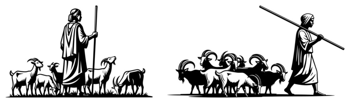 Biblical shepherd with flock of goats and sheep set, ancient pastoral scene with herder silhouette