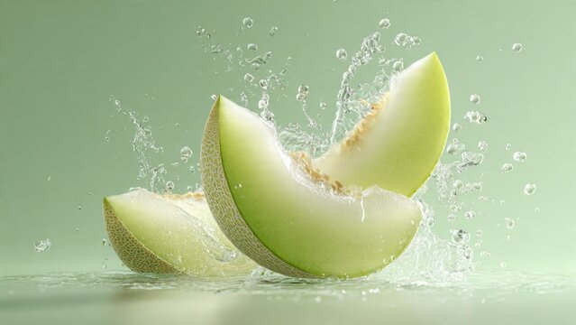 Fresh Melon Slices with Refreshing Water Splash on Green Background