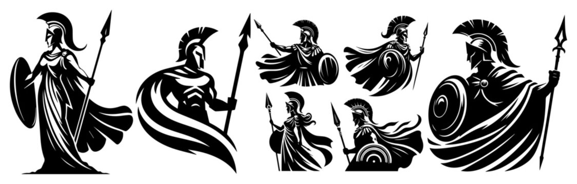 Spartan Greek warriors set with spears and shields, ancient Roman soldiers in gladiator helmets silhouettes vector