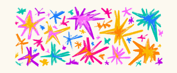Vector drawn elements set. Hand drawn collection of stars, outbursts or explosive collisions colorful silhouettes. Pencil drawing textured bright shapes. © Liudmila Ozerova