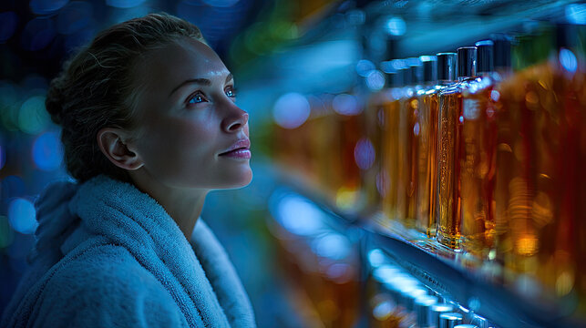 Woman in robe browsing beauty products in illuminated store.