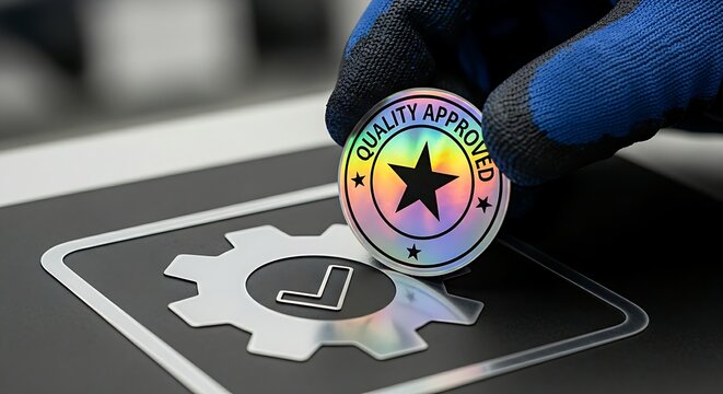 Quality control and assurance. An inspector's hand applies a holographic 'Quality Approved' seal with a star onto a product icon.