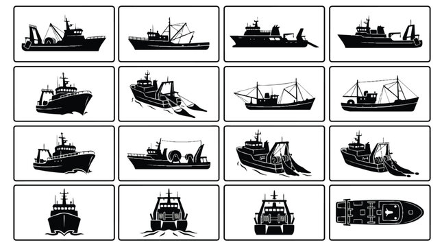 Collection of black and white commercial fishing boat silhouettes and sketches.