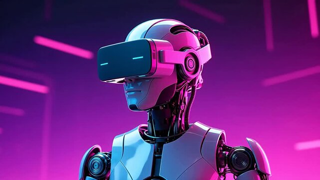 Robot wearing vr headset in futuristic light